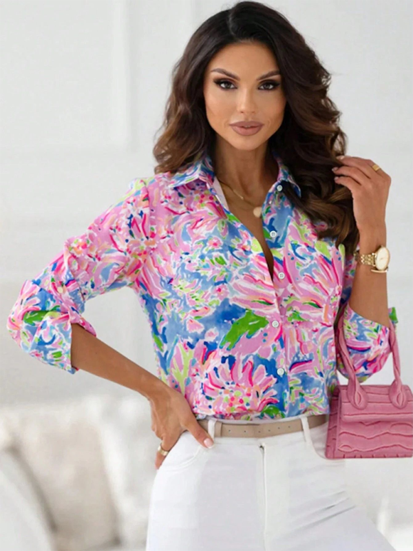 Printed Lapel Long Sleeve Casual Women&