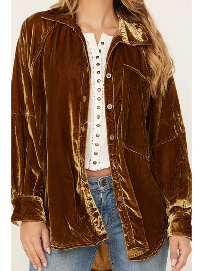 Golden Velvet Oversize Long Sleeve Loose Shirt Jacket