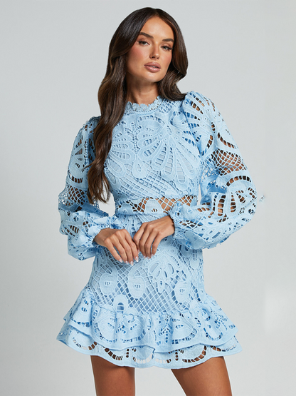 Lapel Lantern Long Sleeve Waist Gown Short A-line Ruffle Hollow Lace Dresses