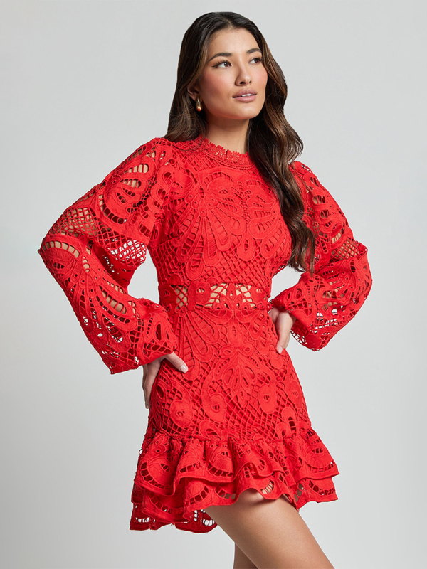 Lapel Lantern Long Sleeve Waist Gown Short A-line Ruffle Hollow Lace Dresses