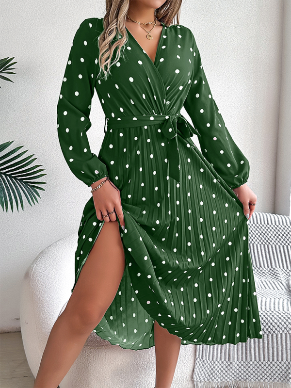 Elegant Color Clash Polka Dot Cross V-Neck Pleated Long Dress