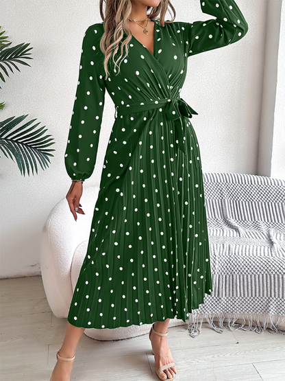 Elegant Color Clash Polka Dot Cross V-Neck Pleated Long Dress