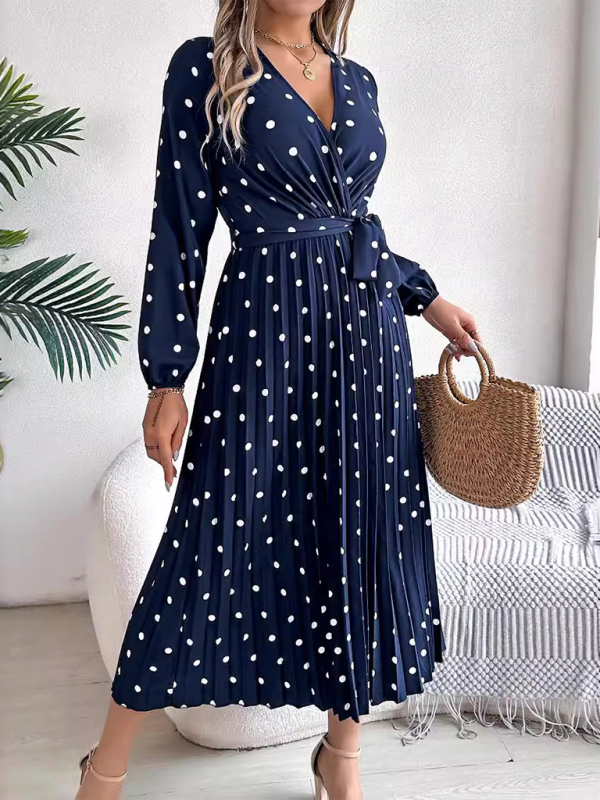 Elegant Color Clash Polka Dot Cross V-Neck Pleated Long Dress