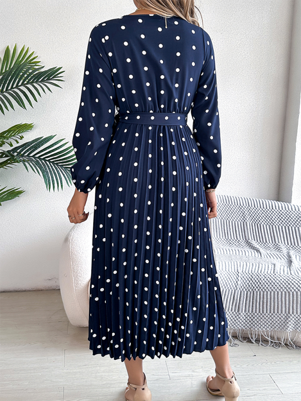 Elegant Color Clash Polka Dot Cross V-Neck Pleated Long Dress