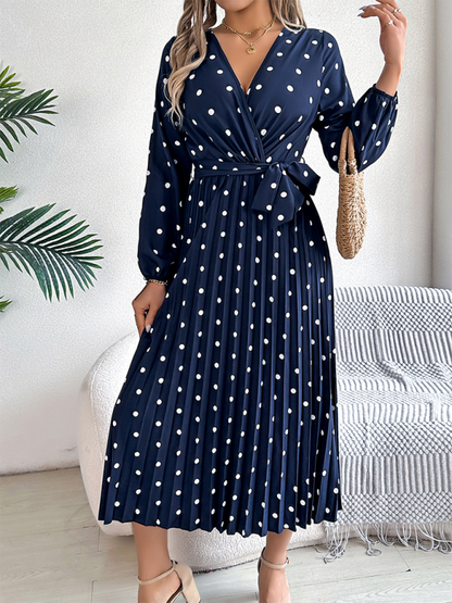 Elegant Color Clash Polka Dot Cross V-Neck Pleated Long Dress