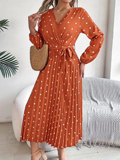 Elegant Color Clash Polka Dot Cross V-Neck Pleated Long Dress