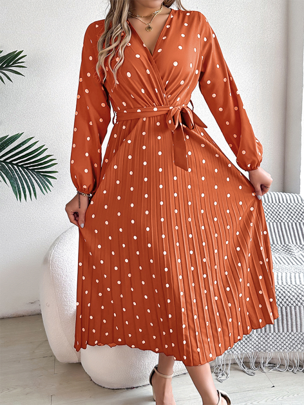 Elegant Color Clash Polka Dot Cross V-Neck Pleated Long Dress