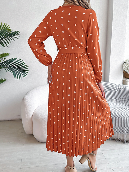 Elegant Color Clash Polka Dot Cross V-Neck Pleated Long Dress