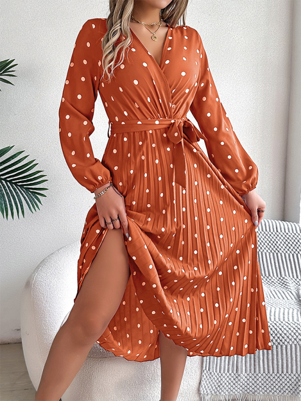 Elegant Color Clash Polka Dot Cross V-Neck Pleated Long Dress