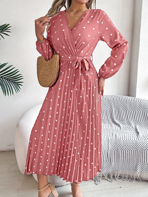 Elegant Color Clash Polka Dot Cross V-Neck Pleated Long Dress