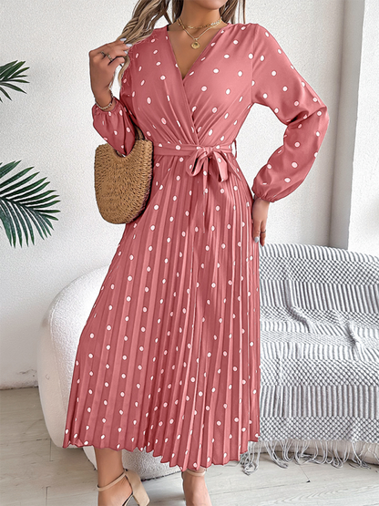 Elegant Color Clash Polka Dot Cross V-Neck Pleated Long Dress