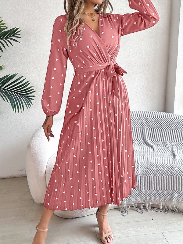 Elegant Color Clash Polka Dot Cross V-Neck Pleated Long Dress