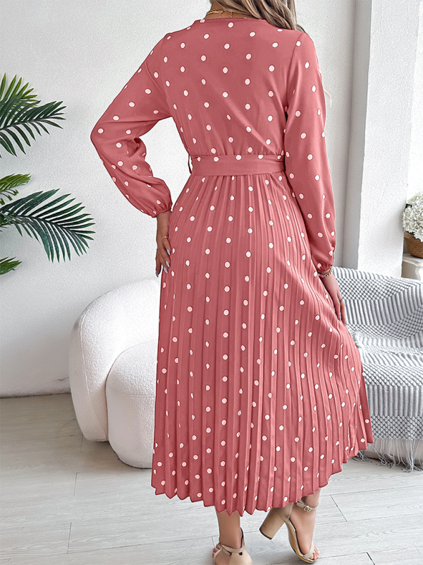 Elegant Color Clash Polka Dot Cross V-Neck Pleated Long Dress