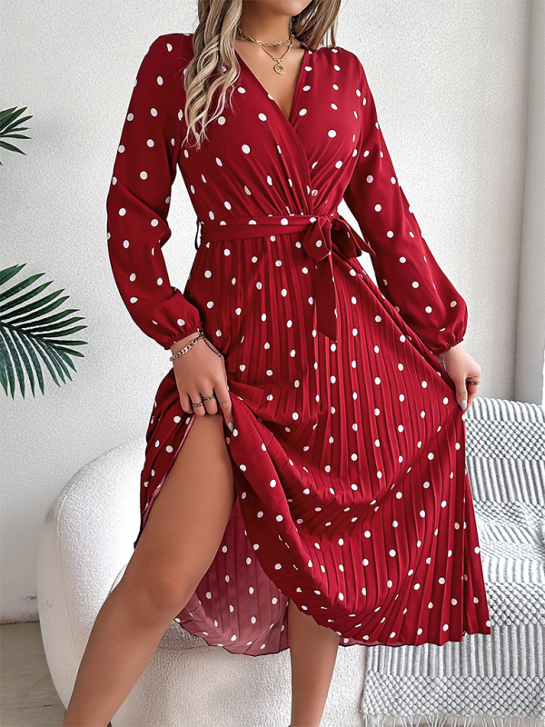 Elegant Color Clash Polka Dot Cross V-Neck Pleated Long Dress