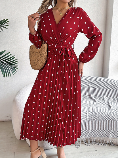 Elegant Color Clash Polka Dot Cross V-Neck Pleated Long Dress