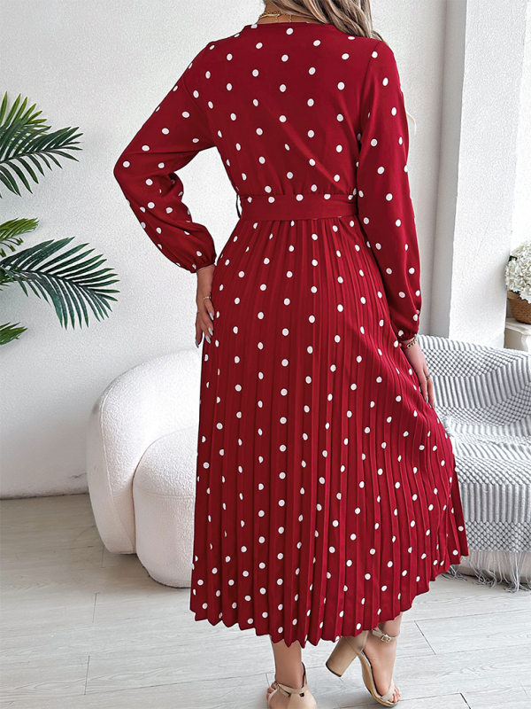 Elegant Color Clash Polka Dot Cross V-Neck Pleated Long Dress