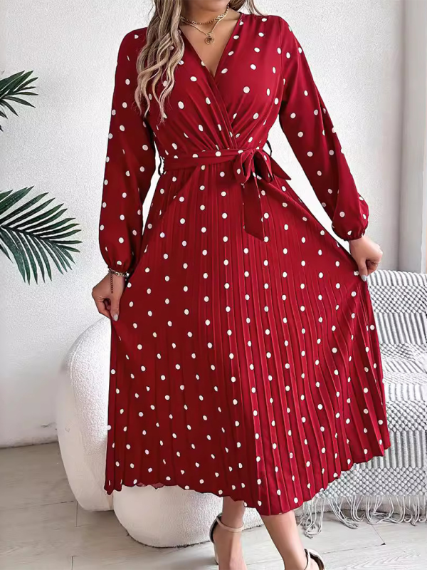 Elegant Color Clash Polka Dot Cross V-Neck Pleated Long Dress