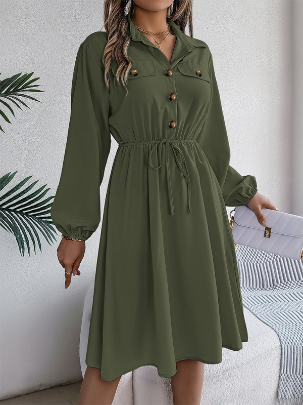 Casual Button Tie Waisted Long Sleeve Shirt Dress