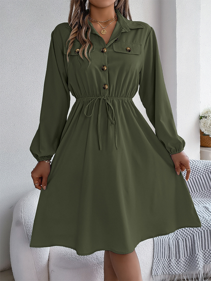 Casual Button Tie Waisted Long Sleeve Shirt Dress