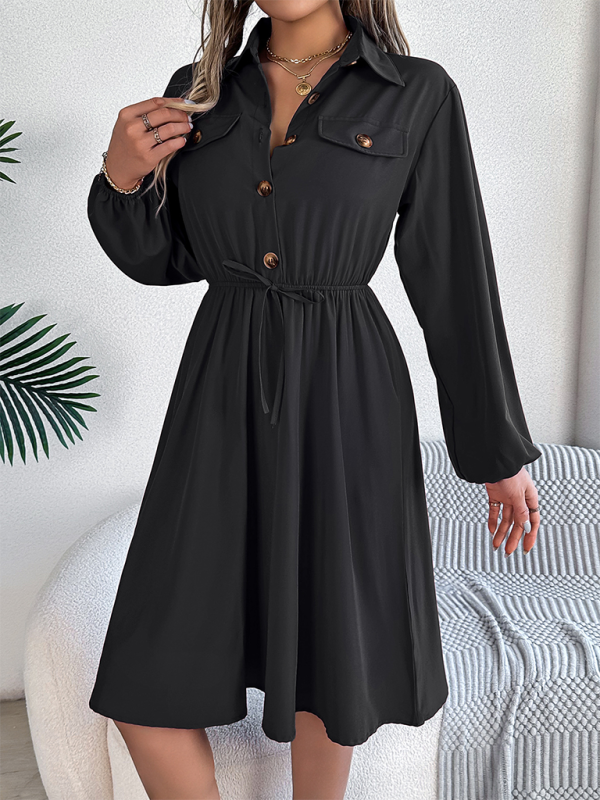 Casual Button Tie Waisted Long Sleeve Shirt Dress