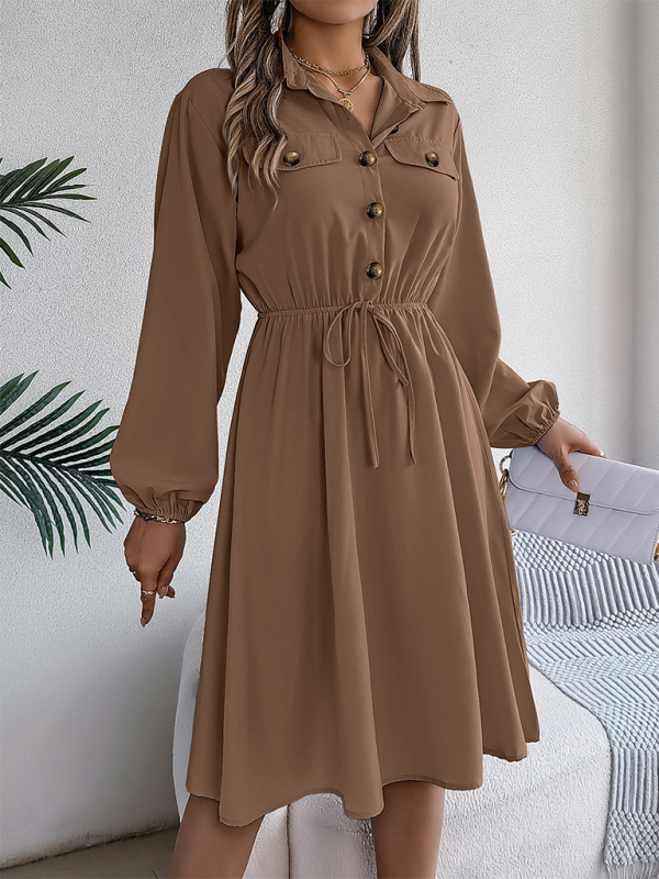 Casual Button Tie Waisted Long Sleeve Shirt Dress