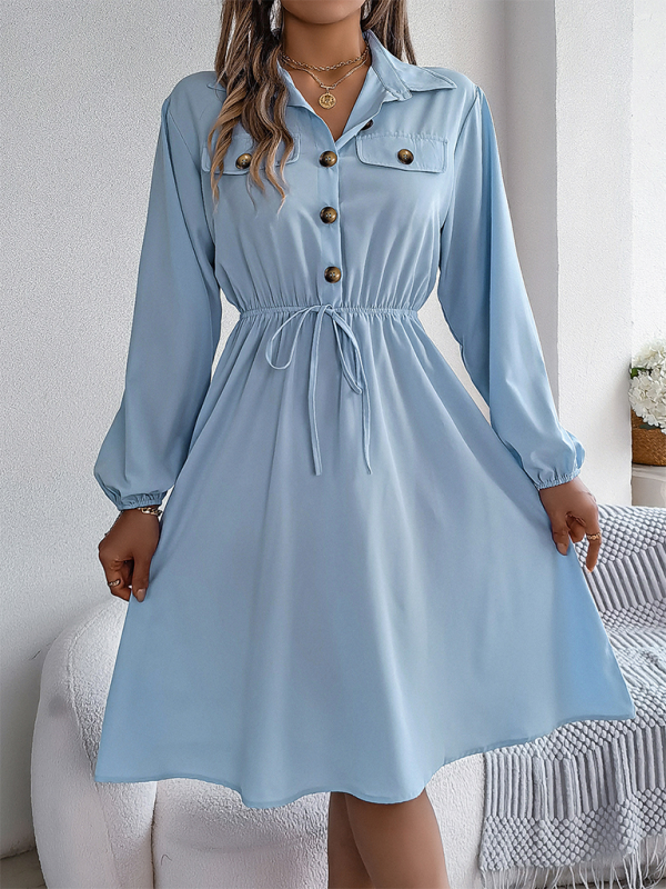 Casual Button Tie Waisted Long Sleeve Shirt Dress