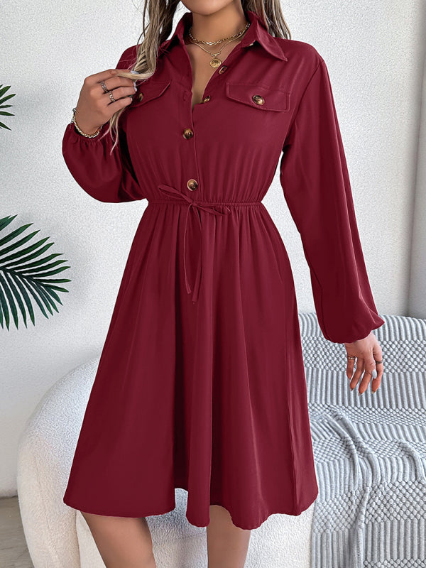 Casual Button Tie Waisted Long Sleeve Shirt Dress