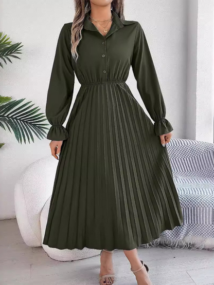 Casual Lapel Button Long Sleeve Waisted Pleated Long Dresses