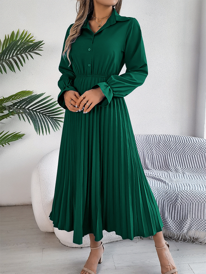 Casual Lapel Button Long Sleeve Waisted Pleated Long Dresses