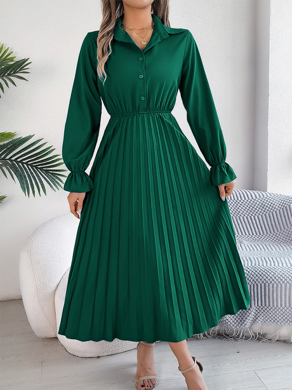 Casual Lapel Button Long Sleeve Waisted Pleated Long Dresses