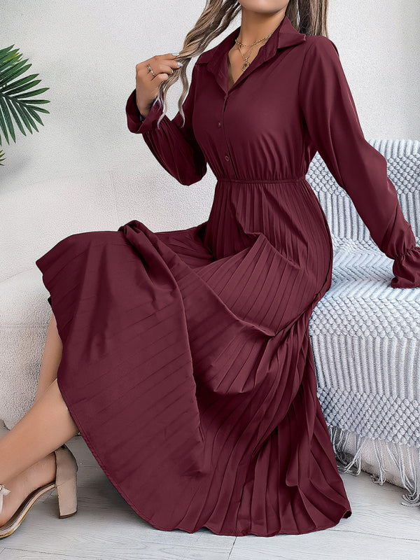 Casual Lapel Button Long Sleeve Waisted Pleated Long Dresses