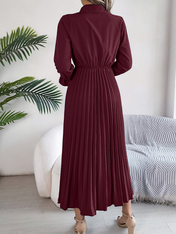 Casual Lapel Button Long Sleeve Waisted Pleated Long Dresses