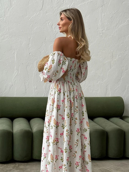 One-piece neckline floral ruffled lantern sleeve long-sleeve dress