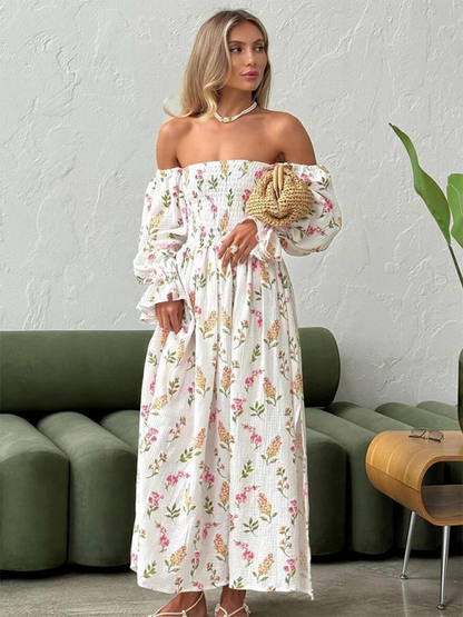 One-piece neckline floral ruffled lantern sleeve long-sleeve dress