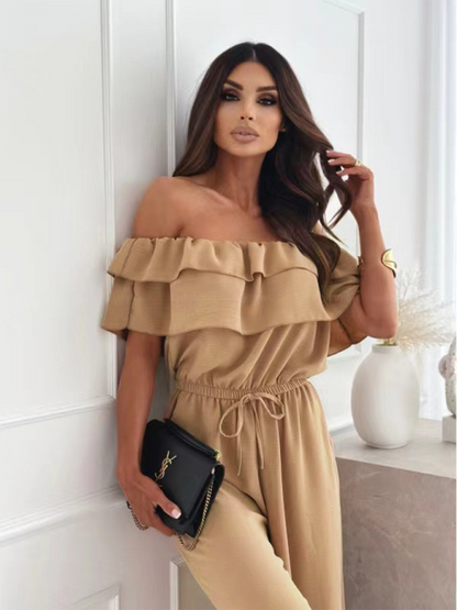 One-piece collar casual solid color waisted jumpsuit