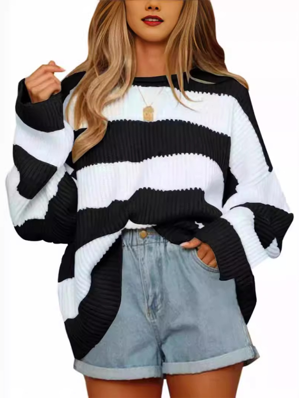 Round Neck Long Sleeve Colorblocked Striped Knit Sweater Flare Sleeve Sweater