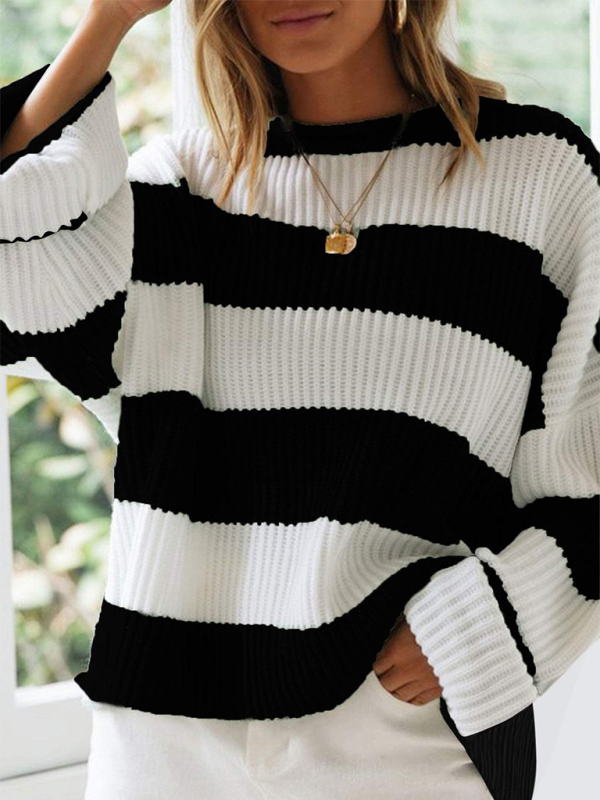 Round Neck Long Sleeve Colorblocked Striped Knit Sweater Flare Sleeve Sweater