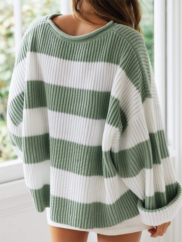 Round Neck Long Sleeve Colorblocked Striped Knit Sweater Flare Sleeve Sweater