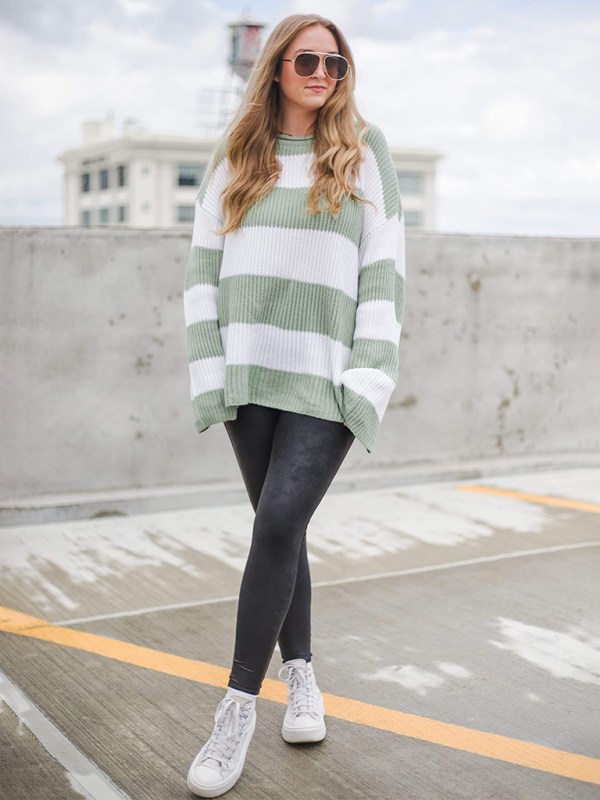 Round Neck Long Sleeve Colorblocked Striped Knit Sweater Flare Sleeve Sweater