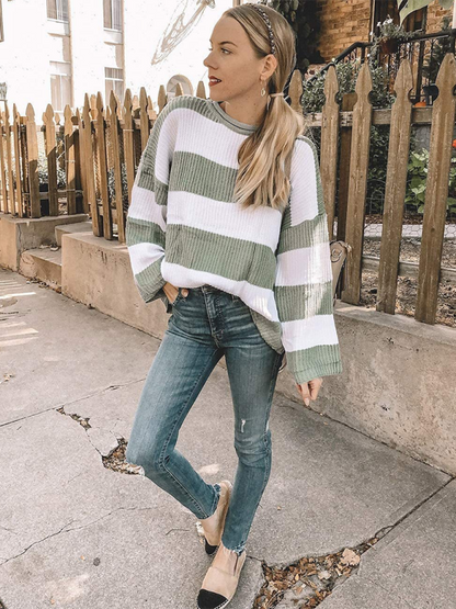 Round Neck Long Sleeve Colorblocked Striped Knit Sweater Flare Sleeve Sweater