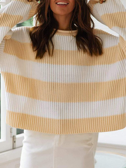 Round Neck Long Sleeve Colorblocked Striped Knit Sweater Flare Sleeve Sweater