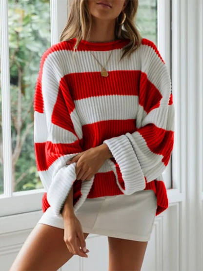 Round Neck Long Sleeve Colorblocked Striped Knit Sweater Flare Sleeve Sweater