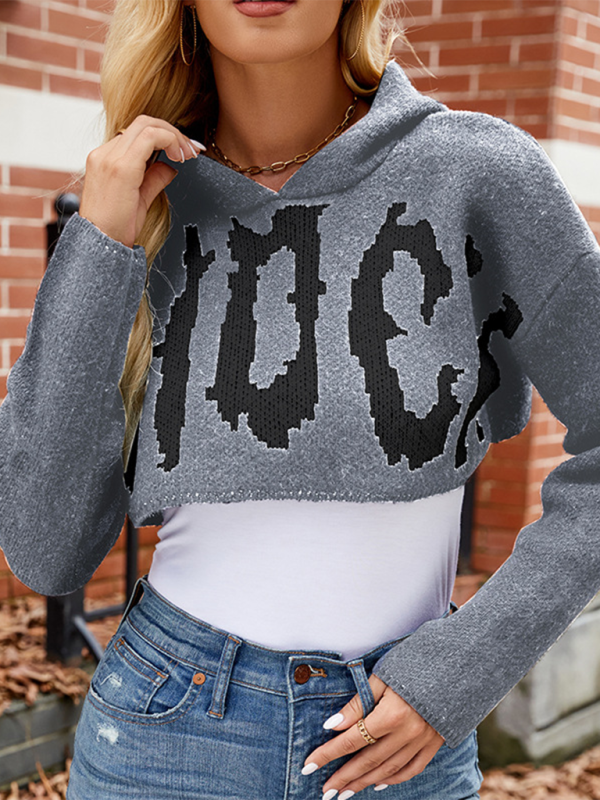 Halloween Pullover Buchstaben Jacquard Langarm Hoodie Pullover Kurzes Strickoberteil 