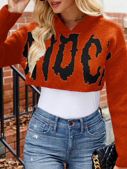 Halloween Sweater Letter Jacquard Long Sleeve Hoodie Pullover Short Knit Top