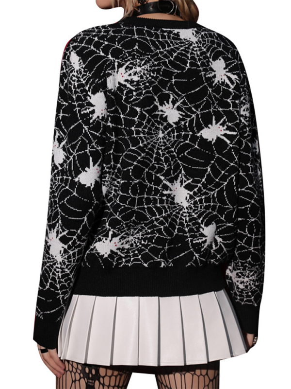 Halloween Black Spider Jacquard Crew Neck Loose Long Sleeve Knit Sweater