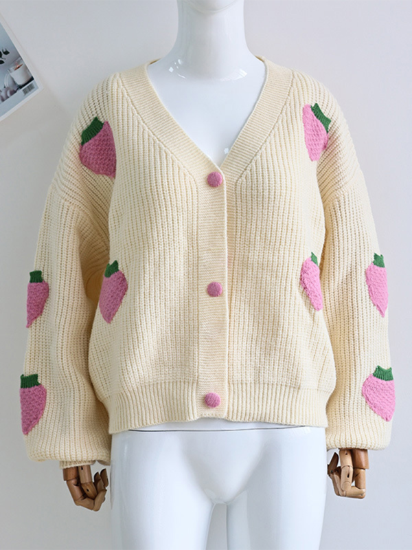 V-Neck Beige Strawberry Embellished Cardigan Knit Sweater