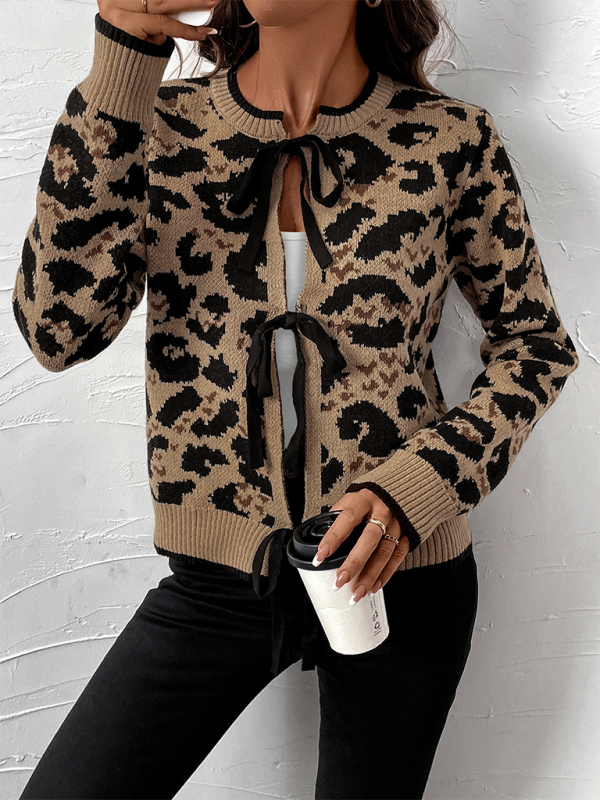 New leopard bow tie knit sweater fall and winter long-sleeved cardigan tops