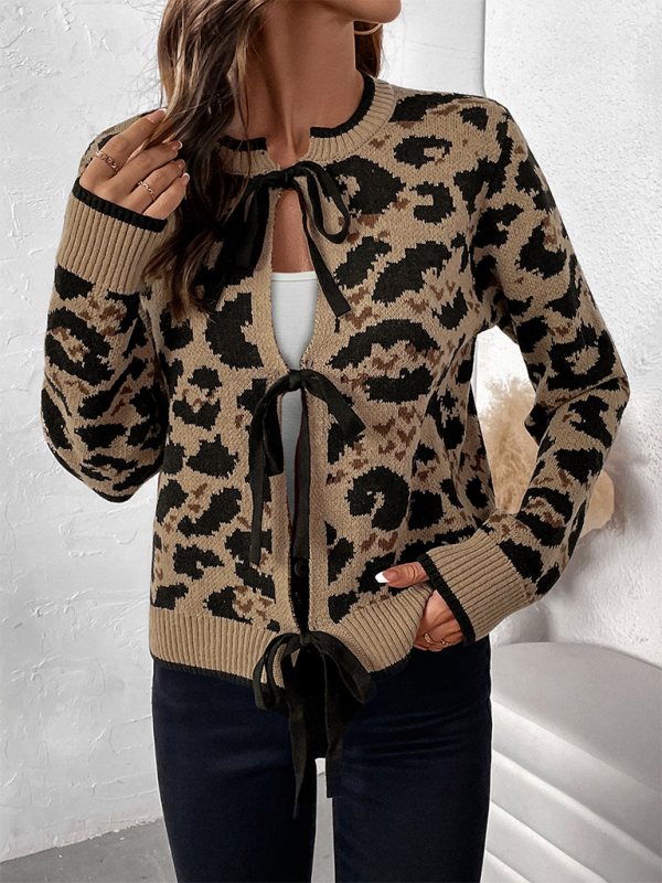 New leopard bow tie knit sweater fall and winter long-sleeved cardigan tops