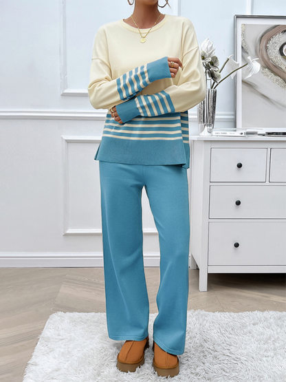 Casual Loose Clashing Color Straight Pants Sweater Set