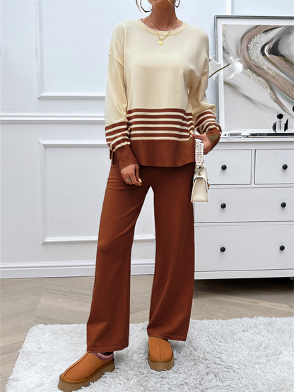 Casual Loose Clashing Color Straight Pants Sweater Set